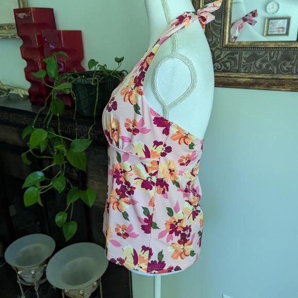 Lands End Tankini Halter Top Women's 12 Pink/Yellow Floral Mesh Accent Bra 111 - Picture 4 of 9